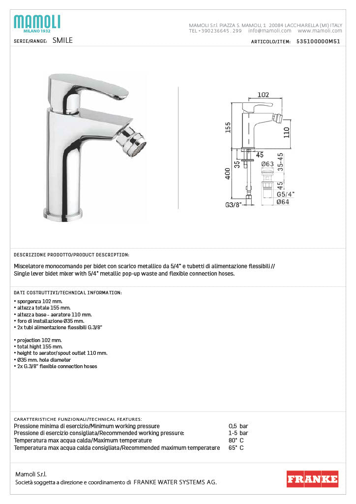 Miscelatore bidet serie Smile